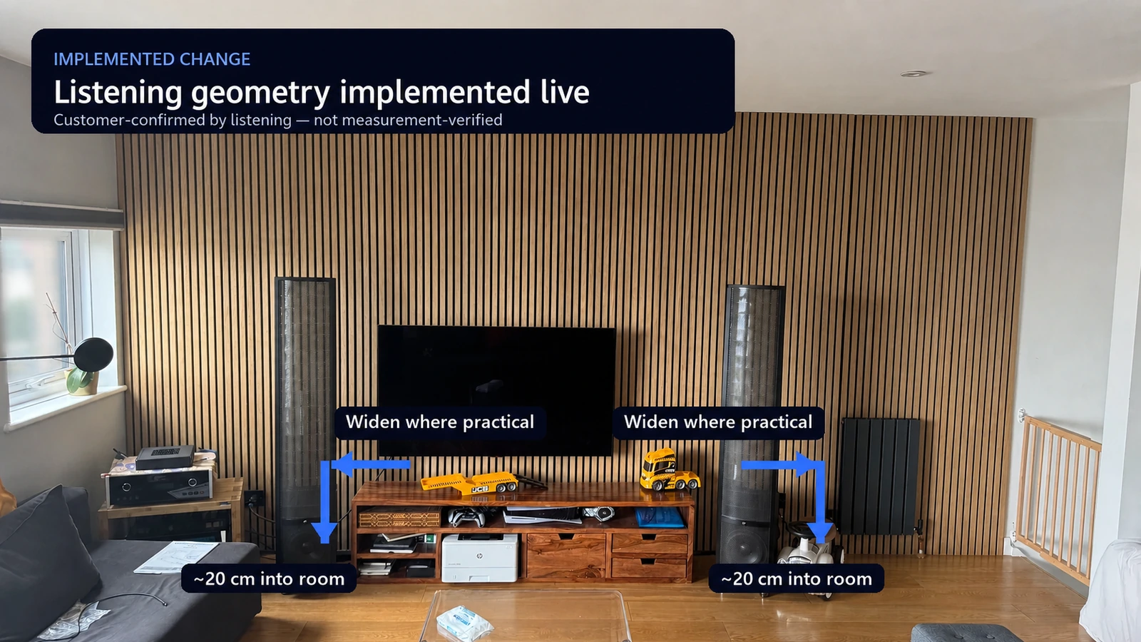 Annotated placement diagram showing the speakers moved into the room and widened where practical.