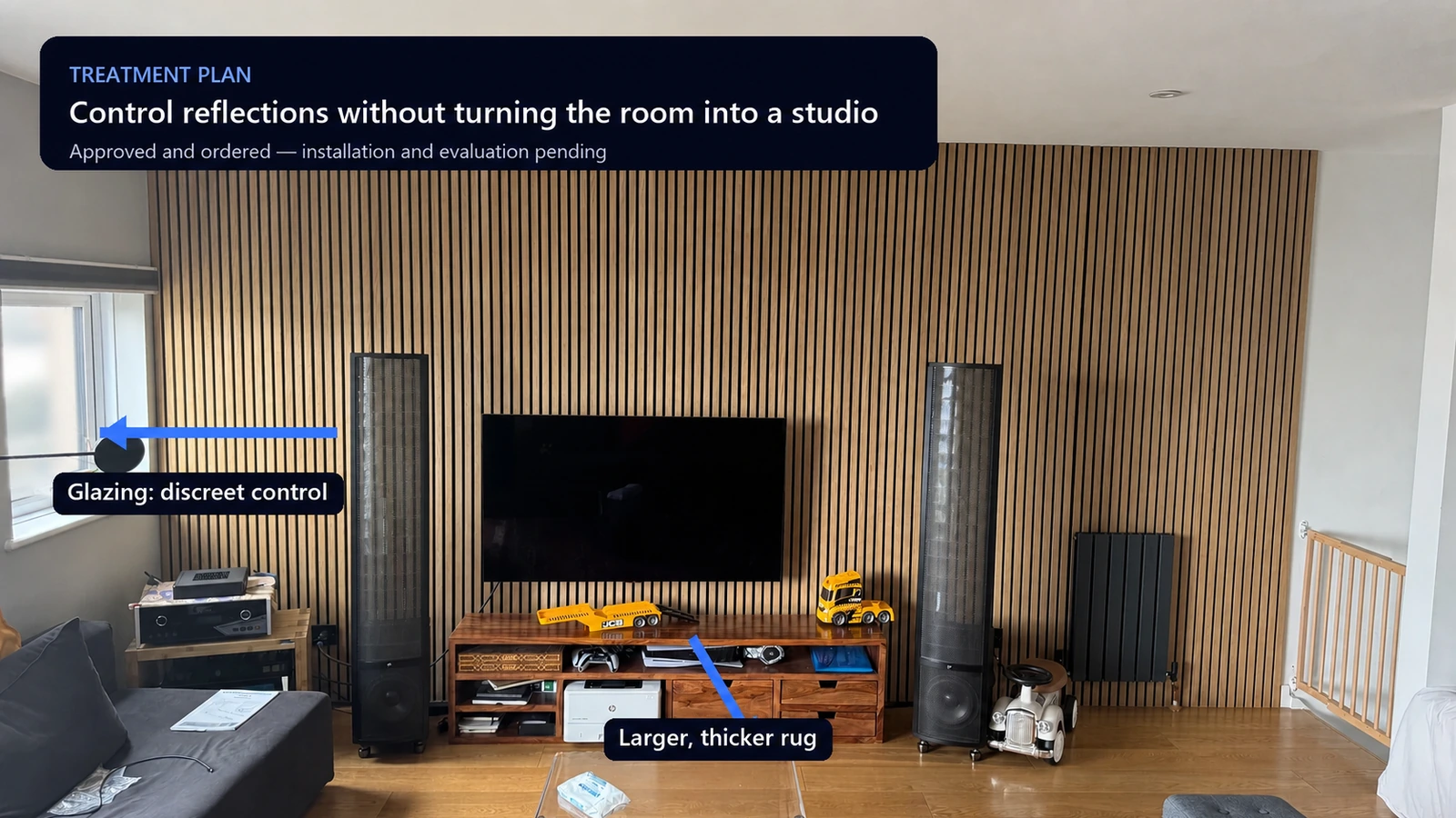 Annotated treatment plan showing discreet glazing control and a larger, thicker rug; installation remains pending.
